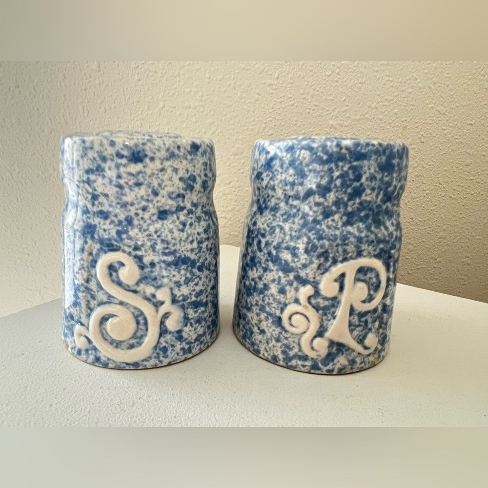 Vintage Pottery Craft | Salt & Pepper Shakers Blue Sponge w White Letters